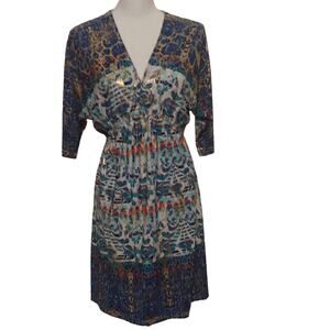 Ocean Blue Dress V-Neck Gold Splattered Pullover Large